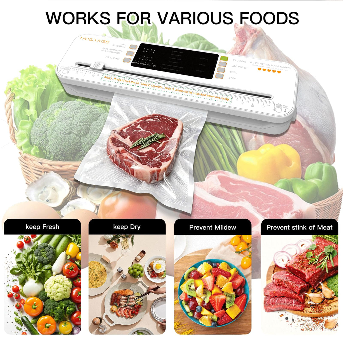 MEGAWISE Food Vacuum Sealer for Food Preservation, Freezer Storage & Meal Prep, Dry & Moist Modes, Built-in Cutter Compact, White