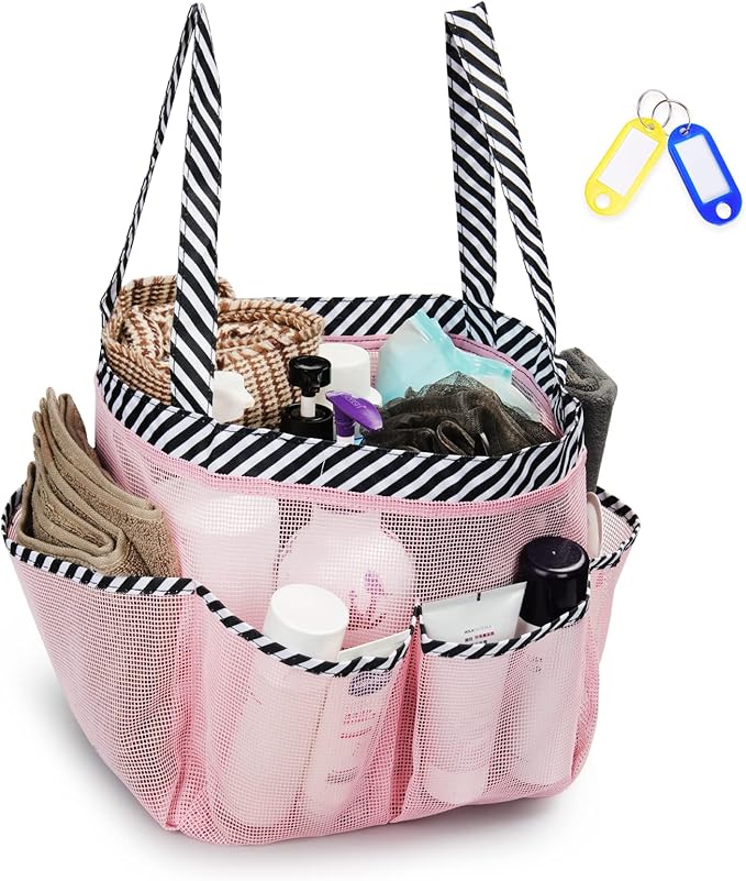 Temede Mesh Shower Caddy Tote, Large Shower Caddy Basket Portable, Quick Dry Hanging Toiletry Bag, 8 Storage Pocket Bath Organizer for College Dorm Room, Gym, Bathroom, Camp, Travel (Pink+Stripes)