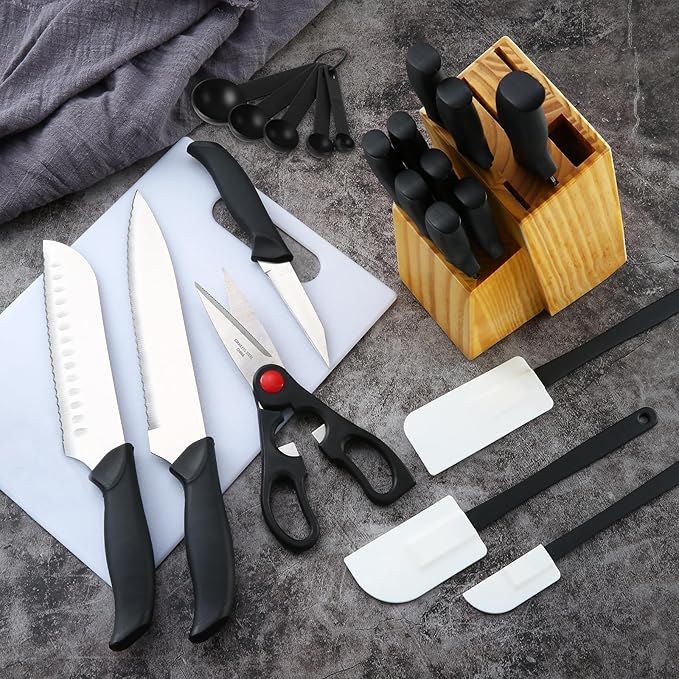KOOMADE Knife Set With Block, Cutlery Essentials 23 PCS Kitchen Stainless Steel Knife Block Sets With Cutting Board, Shears, Paring, Utility, Santoku, Steak Knives, Dishwasher Safe Cutlery Block Set