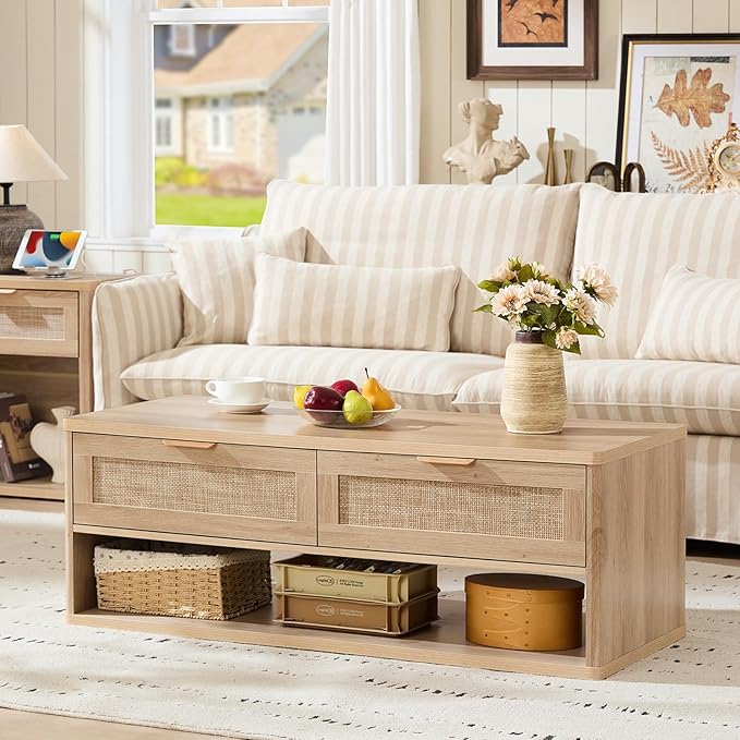 LEYAOYAO Boho Rattan Coffee Table and End Table Sets, 48" Wide Center Tables & 23" Night Stand with Charging Station Chest of Drawers, Natural Wood Coffee Table for Living Room 3 Piece Set