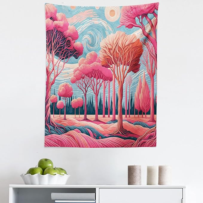 Ambesonne Trees Tapestry, Surreal Post-Impressionism Themed Woodland of Dreamy Sky and Tree Pattern, Fabric Wall Hanging Decor for Bedroom Living Room Dorm, 23" X 28", Pink Coral Blue Grey