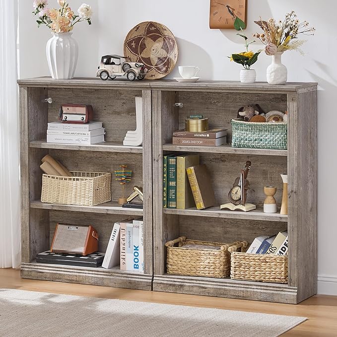 43" Grey Tall Bookshelf,3-Tier Thick Wooden Book Shelf with Adjustable Shelves,Free Standing Farmhouse Bookcase with Open Display Storage,Floor Vintage Bookshelves for Living Room,Office