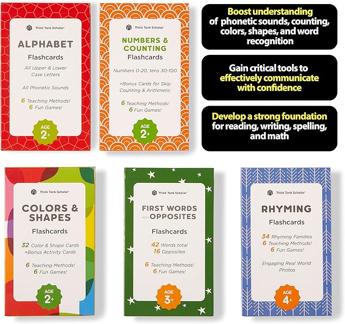 Award-Winning Flash Cards for Preschool & Kindergarten – 5-Deck Set, 180 Jumbo Cards – Learn Alphabet, Numbers, Colors, Shapes, First Words, Opposites & Rhyming – for Kids Ages 2–5