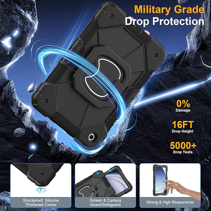 Case for Samsung Galaxy Tab A9 Plus 11 Inch 2023 Ubearkk Rugged Case for Samsung Galaxy A9+ Tablet SM-X210/X216/X218 with Screen Protector 360 Rotating Stand Shoulder Strap Pen Holder Black