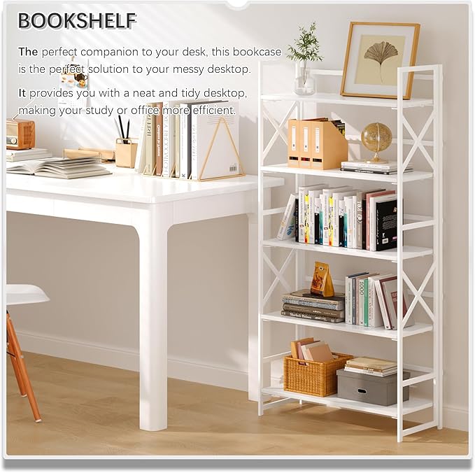 4NM 5 Tiers No Assembly Book Shelves, 51.2" H Folding Bookshelf Bookcase Open Industrial Foldable Shelves for Bedroom, Living Room, Home Office - All White