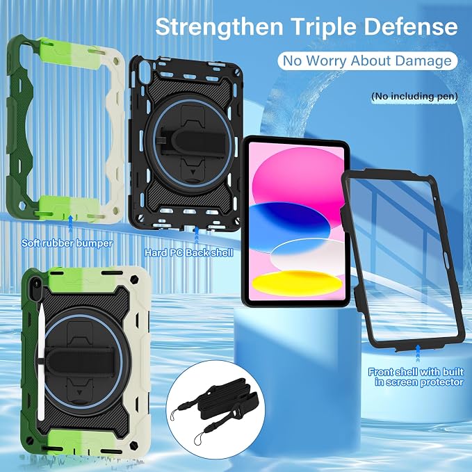 for iPad 9th 8th 7th Gen Case 10.2 inch with Screen Protector | 360° Rotating Kickstand Hand Strap Shoulder Strap Heavy Duty Military Grade - Kids Friendly
