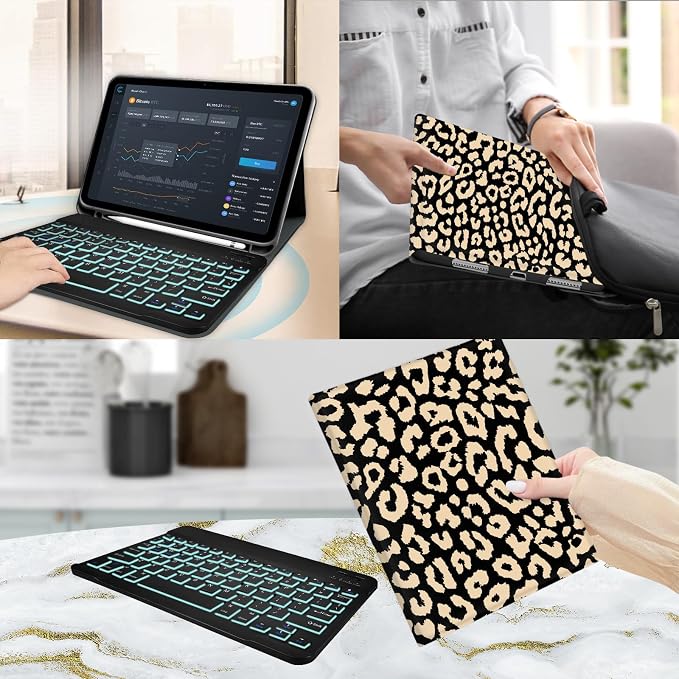 for Bluetooth Keyboard for iPad 10th Gen 10.9 inch (2022) case (A16) 11th / 10th Gen Case 11'' (2025) with 7-Color Backlights Pencil Holder Detachable Rechargeable - Black Cow