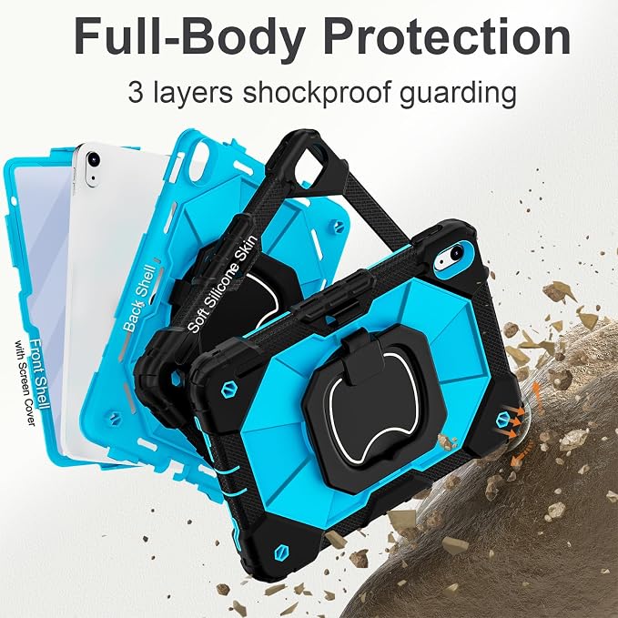 Dteck Case for iPad (A16) 11th Generation 11 2025/10th Gen 10.9 2022: with 2 Replaceable Front Covers Military-Grade Drop-Proof Silicone Cover Built-in Screen Protector Shoulder Strap Blue