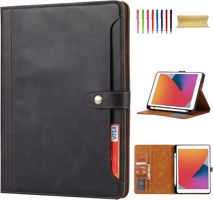 Flip Case for Apple iPad 10.2 9th 8th 7th Generation 2021/2020/2019 Pencil Holder Smart Cover Auto Sleep Wake Protective Documents Pocket Stand Snap Closure Case for iPad 10.2 Inch Black