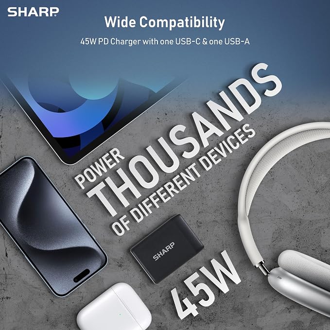 Sharp USB C Charger 45W 2 Port (USB A+C) Compact Foldable GaN Fast Charge for iPhone 15/15 Plus/15 Pro/15 Pro Max/14 Galaxy Pixel 4/3 iPad/iPad Mini - Black G451A1CU-BLK
