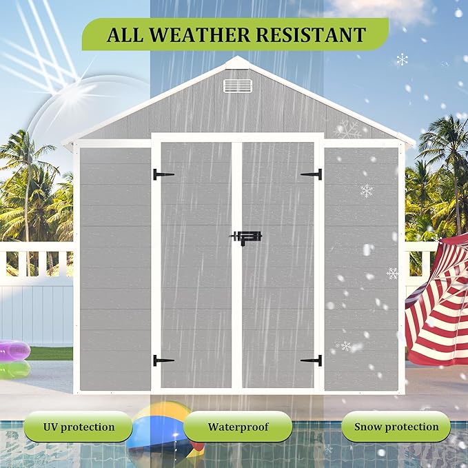 8x8 FT Outdoor Storage Resin Shed with Floor,Waterproof Plastic Garden Bike Shed with Lockable Door, Sloped Roof, Vents & Windows, Easy Assembly Tool Shed for Lawn, Backyard, Patio, Grey