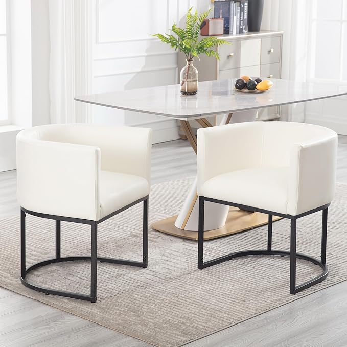 Faux Leather Dining Chairs Set of 3 Modern Barrel Arm Chairs with Black Metal Frame, Upholstered Kitchen Chairs 18.5" Wide Accent Chairs for Living Room Dining Room Restaurant, White