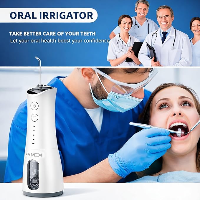KAMEX Cordless Water Dental Flosser for Teeth Cleaning: Portable Oral Irrigator with 300ML Tank, 4 Cleaning Modes, Rechargeable IPX7 Waterproof Travel Water Flosser for Sensitive Gums, Braces