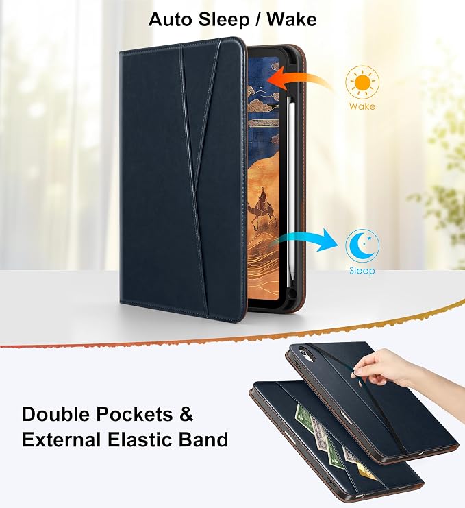 DTTO for iPad Air 11 inch Case M4/M3/M2 (2026/2025/2024) Black | 360 Degree Rotating Premium Faux Leather Folio Stand Cover with Pencil Holder Auto Sleep/Wake Multiple Angles Hand Strap