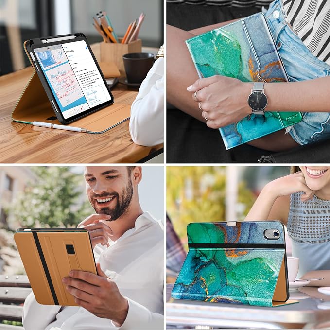 DTTO for iPad (A16) 11th Generation 11-inch &amp 10th Gen Case Brown | Premium Leather Business Cover with Pencil Holder Hand Strap &amp Pocket Corner Protection Auto Sleep/Wake for Work &amp