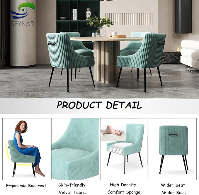 Velvet Dining Chairs Set of 4,Green Upholstered Living Room Chairs with Black Metal Legs, Modern Tufted Accent Chairs for Living Room, Study Room, Kitchen
