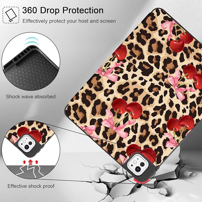 May Chen for iPad Pro 13 Inch Case M5 2025 / M4 2024 Tablet Cases Trifold Stand + Pencil Holder + Auto Wake/Sleep + Soft TPU Protective Stand Back Cover Cherry &amp Cheetah