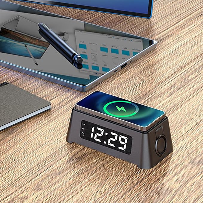 6 in 1 Wireless Charging Station with Alarm Clock Time Temperature Display Wireless Charger for Phone Headphone Smartwatch