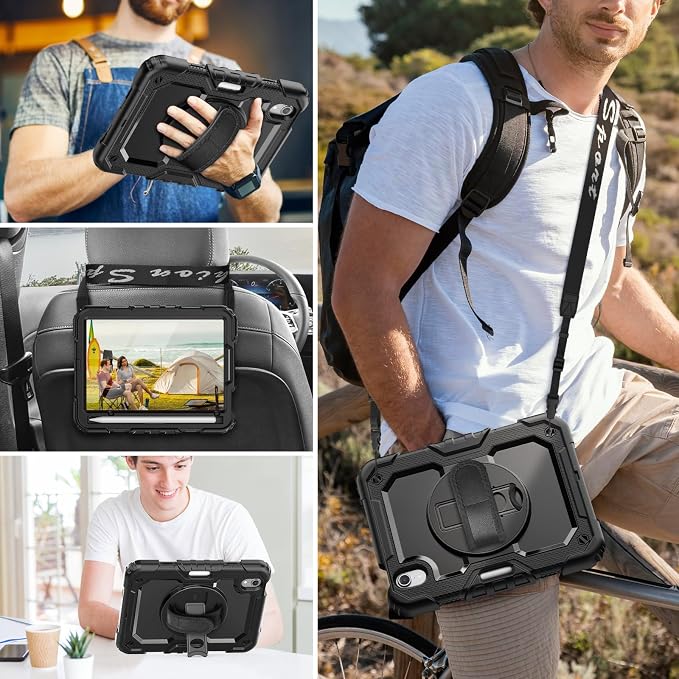 HXCASEAC Case for iPad mini 7 (A17 Pro) / iPad mini 6 Case 8.3 inch Full Body Protective with Carrying Strap Hand Strap Protector Pencil Holder 360 Rotating Stand A2995 A2993 A2567 A2568 Black
