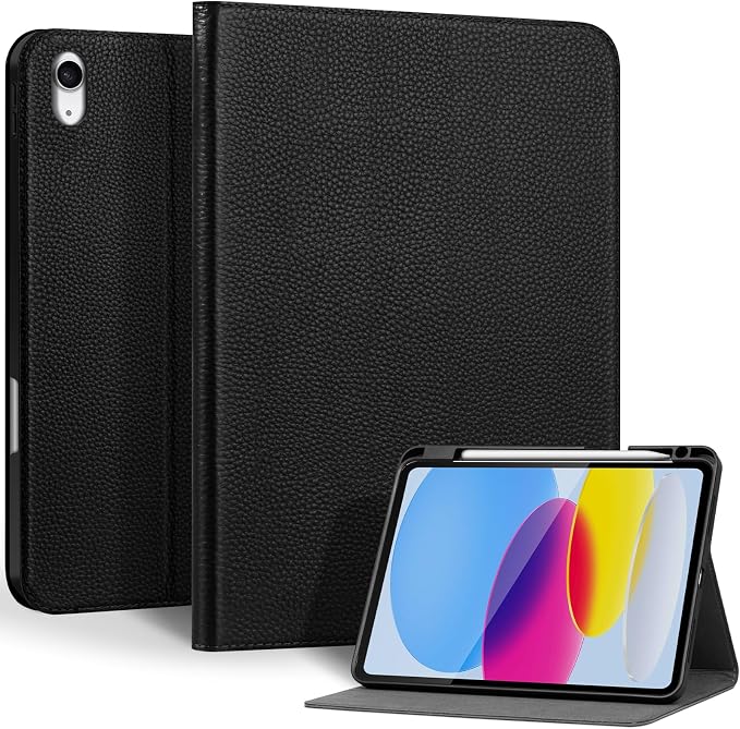 Genuine Leather Case for iPad 11th Gen 11/10th Gen 10.9 Black | Pencil Holder Adjustable Stand Auto Wake/Sleep Shockproof