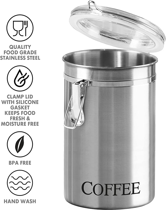 Oggi Stainless Steel Coffee Canister 62 fl oz - Airtight Clamp Lid, Clear See-Thru Top - Ideal for Coffee Bean Storage, Ground Coffee Storage, Kitchen Storage, Pantry Storage. Large Size 5" x 7.5".