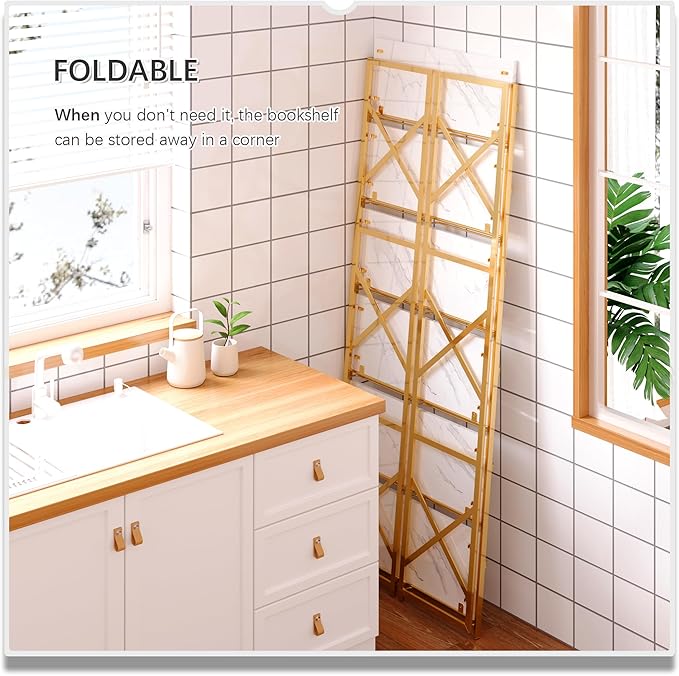 4NM 6 Tiers No Assembly Book Shelves, 61.8" H Folding Bookshelf Bookcase Open Industrial Foldable Shelves for Bedroom, Living Room, Home Office - White Gold