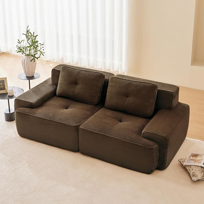 80" Modern Compressed Boneless Love Seat Couches, 2 Seater Large Sectional Couches for Living Room, Brown Corduroy Cloud Modular Sectional Sofa, Memory Foam, Extra Deep Loveseat, No Assembly
