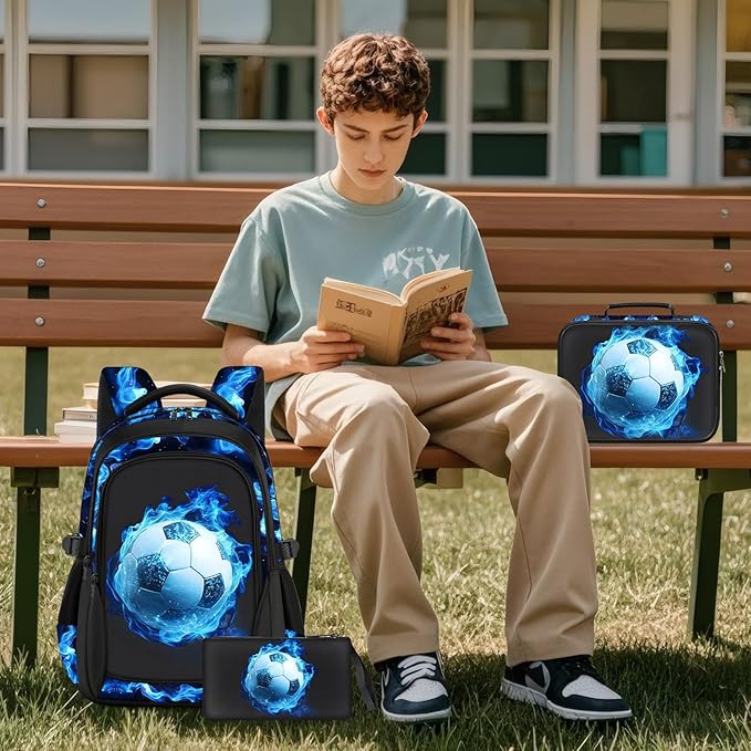 School Backpacks for Boys - 4pcs Soccer Boys Backpacks with Lunch Box Set for Kids Teens Elementary Middle School, 17″ Large Capacity Students Bookbag, Perfect for Travel