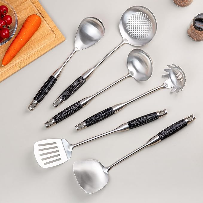 FJNATINH Stainless Steel Kitchen Utensils, Set of 6 Cooking Tools with Wooden Handle, Wok Spatula, Soup Ladle, Skimmer Spoon, Slotted Spatula Turner, Spaghetti Server, Solid Spoon