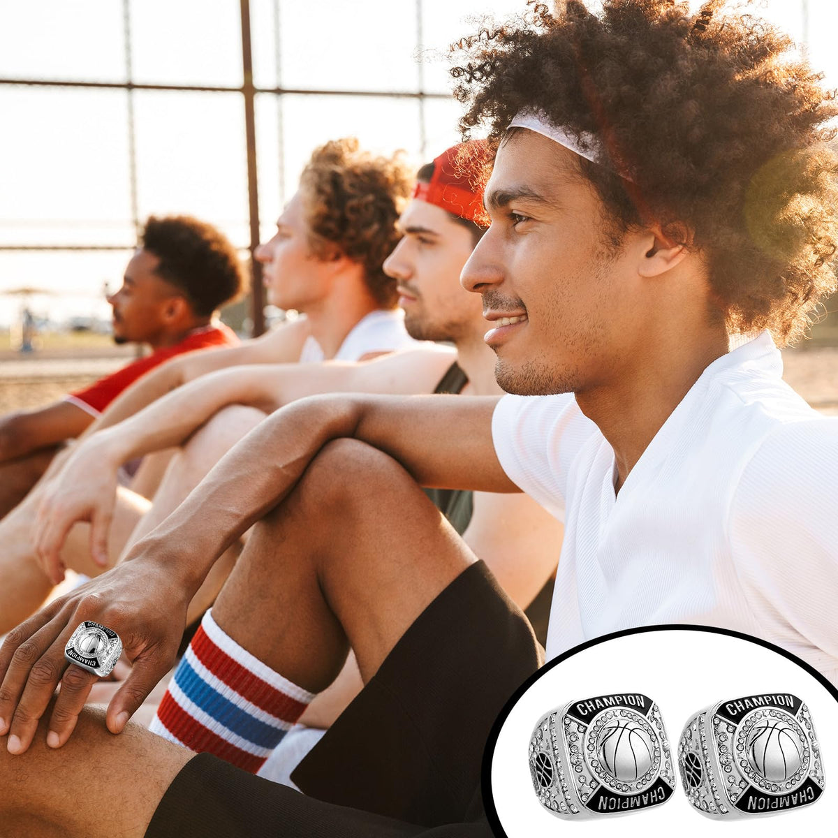 Remuuly 6 Pcs Basketball Championship Rings Basketball Champion Trophy Rings Award Gift Prize with Display Neck Chain and Stand for Tournament or Champion Winner(Gold)