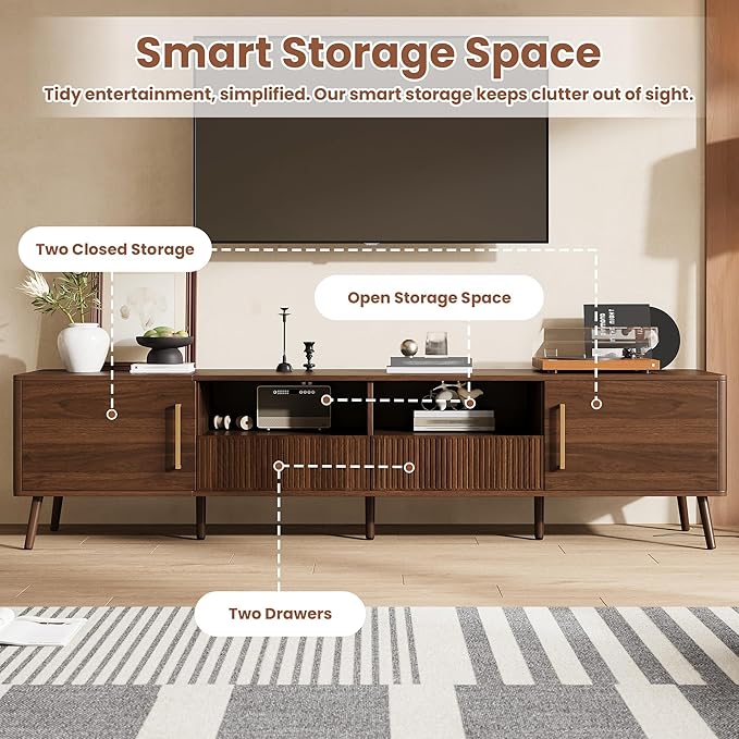 Merax Mid Century 78" TV Stand, Modern Entertainment Center for TVs up to 85", Media Console with Storage, Open Shelf, 2 Cabinets & 2 Drawers for Living Room, Office