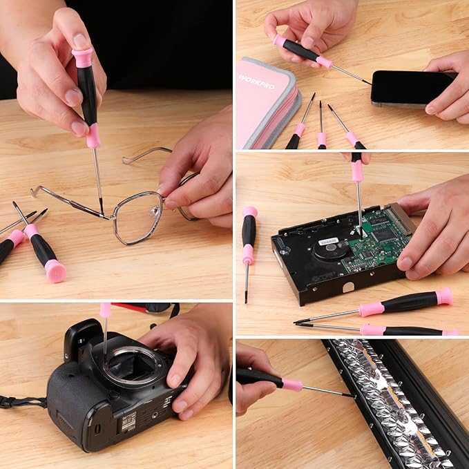 WORKPRO 10-Piece Precision Screwdriver Set with Pink Pouch, Phillips, Slotted, Torx Star, Magnetic Tip Small Screwdriver Repair Kit, for Eyeglass, Watch, Computer, Laptop and Phone - Pink Ribbon