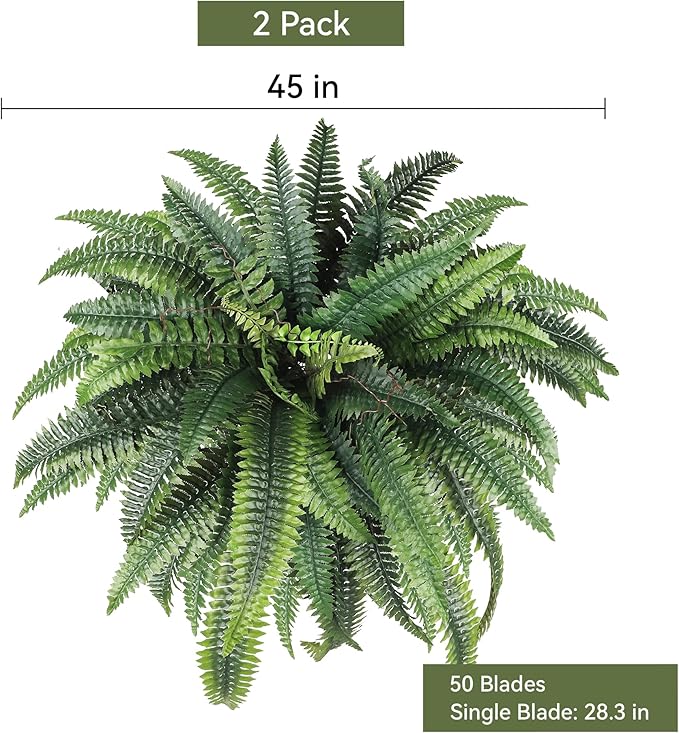 45" Fake Ferns, Set of 2 Boston Fern Artificial Plants for Decorating Office, Patio, Living Room Home Yards Farmhouse Decor, Green