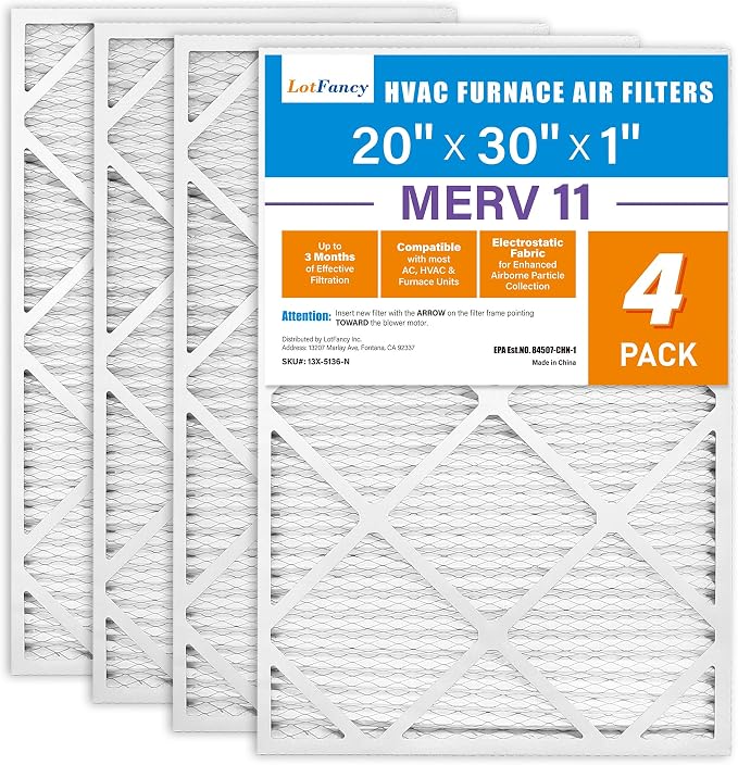 LotFancy 20x30x1 Air Filter MERV 11 4-Pack, Electrostatic Pleated AC Furnace