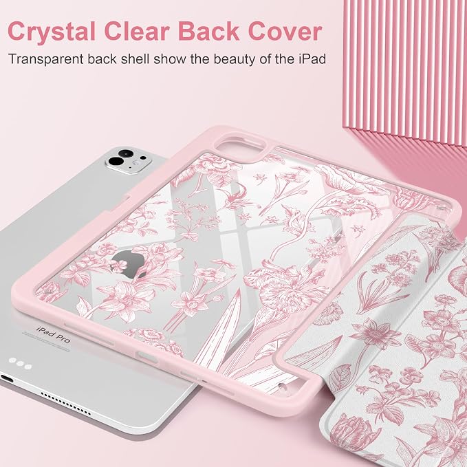 DONGKE for iPad Pro 11-Inch Case (M5 2025 / M4 2024) 6th/5th Generation [Auto Sleep/Wake &amp Pencil Pro Holder] Clear Acrylic Back Smart Trifold Stand Cover Bear &amp Cherry