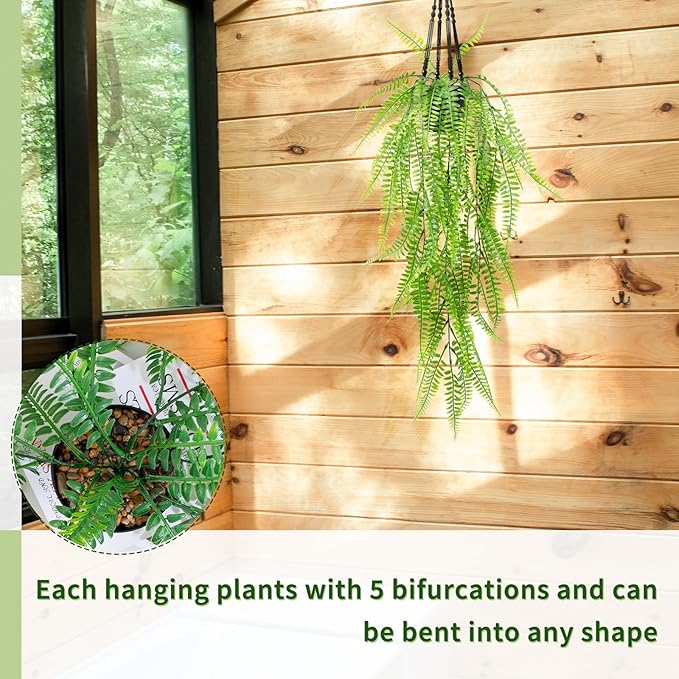 Fake Hanging Plant with Pot, Artificial Potted Fern Plant, 28.7-In Long Faux ivy Vine for Shelf Home Office Indoor Outdoor Garden Greenery Decor (Black Pot)