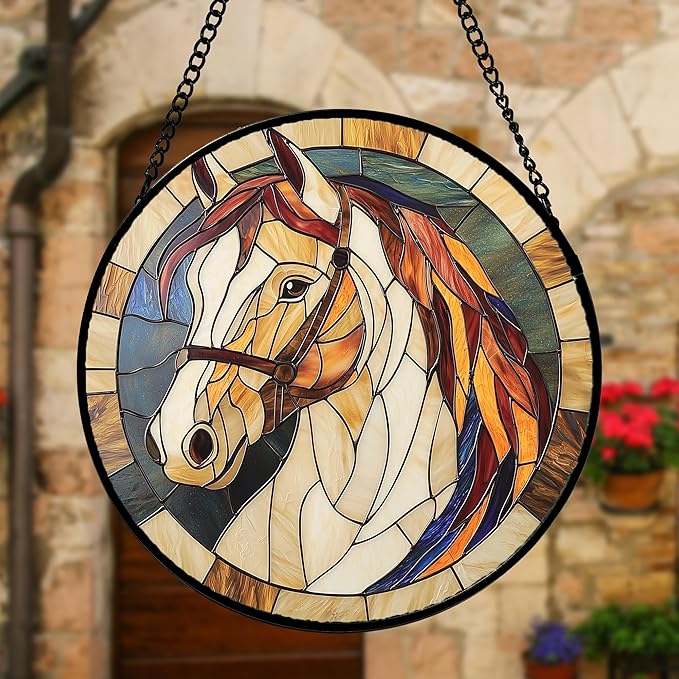 Stained Glass Window Hanging, Animal Horse Colored Mane Sun Catchers Glass Panel Cool Suncatcher Decor for Birthday for Women, Men, Wife, Aunt, and Mom 9.8 in