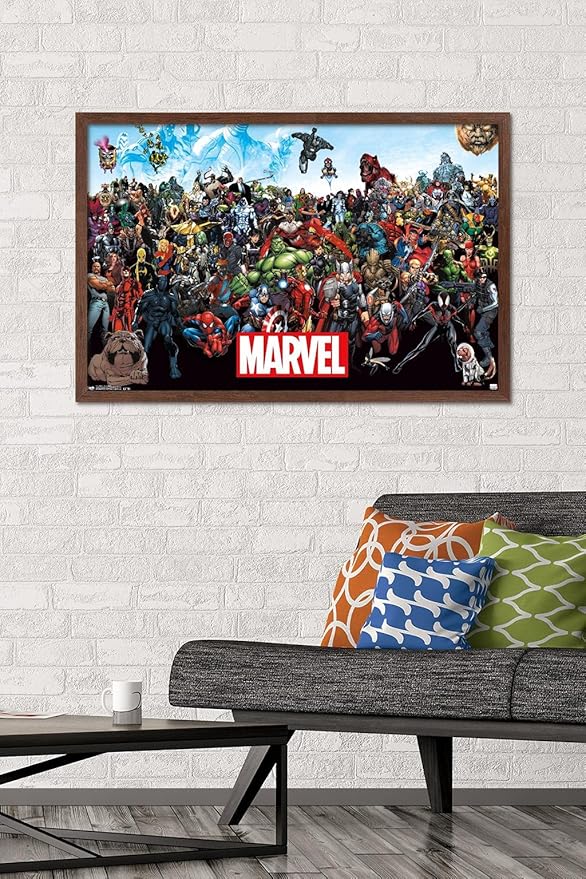 Marvel Comics The Marvel Lineup Wall Poster, 34L" x 22.4W", Mahogany Framed Version