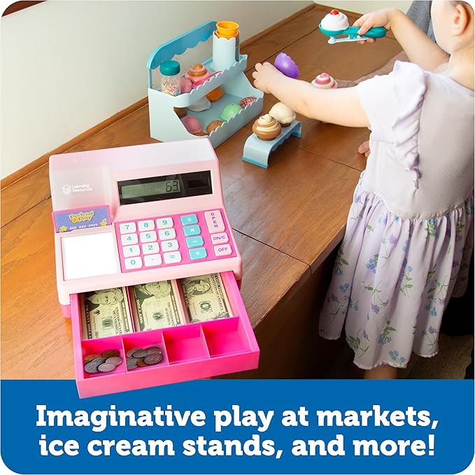 Learning Resources Pretend and Play Calculator Cash Register Pink - Money for Kids, Math Games, Playstore Grocery Store, Fine Motor Skills, Preschool Activities, Toddler Plastic Coins
