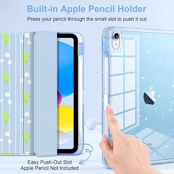 MEEgoodo Case for iPad A16 11th Generation 2025/10th Generation 2022 Glitter Tablet Cases with Transparent Acrylic Back+Trifold Stand +Pencil Holder+Auto Wake/SleepAbstract Sun &amp Palm Tree