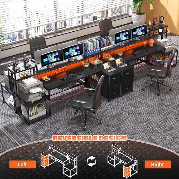 71" L Shaped Gaming Desk with 3 Drawers & Hutch, Computer Desk with Monitor Stand & Power Outlet, Home Office Desk Reversible Black Desk with LED Light,Printer Shelf,Storage Shelves,Black Carbon Fiber