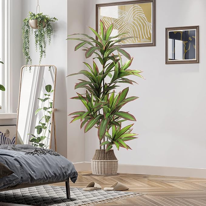 VIAGDO Dracaena Silk Plant Artificial 5ft Faux House Plants with Red Leaf Margin Fake Yucca Palm Trees in Pot Realistic Dragon Tree for Living Room Home Office Decor Indoor Outdoor
