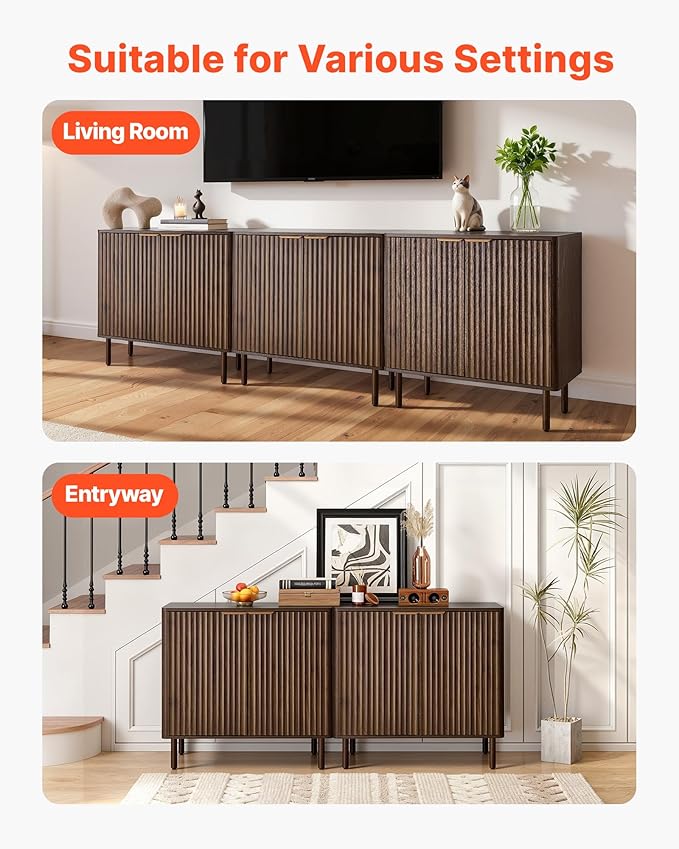 VEVOR Buffet Cabinet, Sideboard Cabinet with 2-Tier Storage, Coffee Bar Cabinet with Adjustable Shelves, Fluted Sideboard Buffet for Hallway, Entryway, Living Room, or Kitchen, Walnut