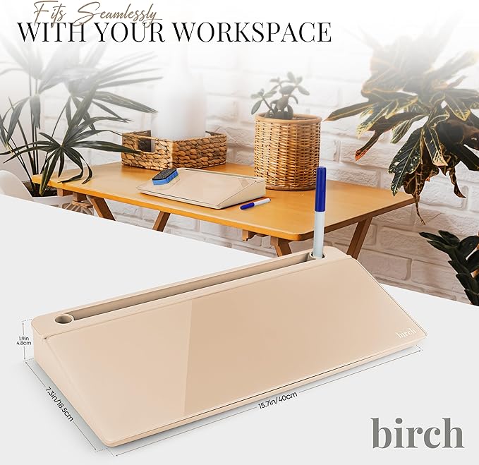 Birch Small Desktop Whiteboard – Glass Dry Erase Board Desk Pad Keyboard Stand with Storage Compartment Adjustable Dividers 3 Markers & Marker Holder – Perfect for Office, Home, & School (Sand)