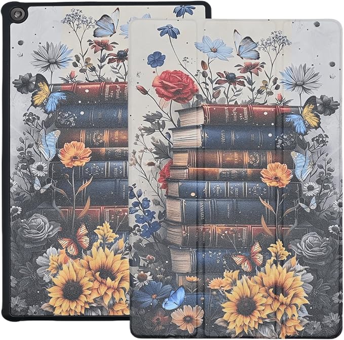Case for Amazon Fire HD 10 Tablet (7th and 9th Generation 2017 and 2019 Release) Lightweight PU Leather Stand Cover with Auto Wake/Sleep Book and Flowers