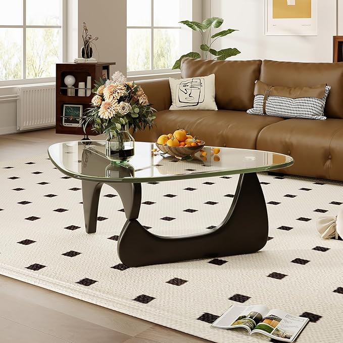 Coffee Table for Living Room Mid Century Modern Center Table with Glass Top and Wood, Transparent/Black