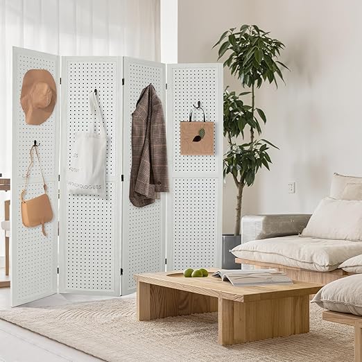 Babion 4 Panel Pegboard Display, Peg Board Room Divider Freestanding Folding Privacy Screens Pegboard Display Stand for Craft Shows (White)
