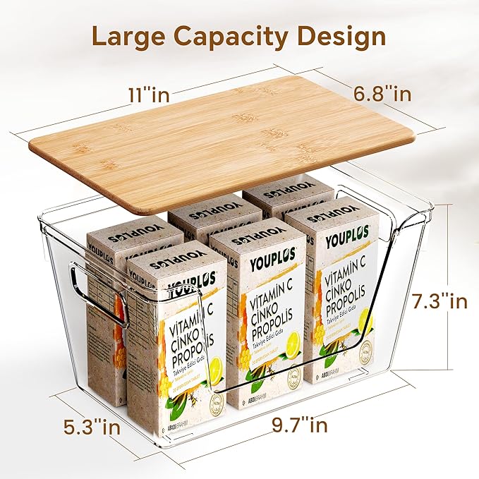 Criusia 3 Set Pantry Organizers and Storage with Bamboo Lids, Stackable Clear Bins for Onion, Potato, Fruit, Vegetables, Trash Bag Dispenser, Kitchen and Under Sink Organizer