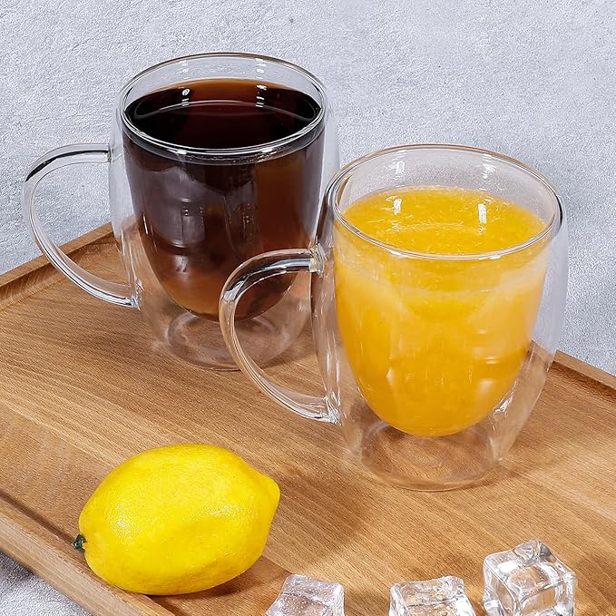 Clear Glass Double Wall Insulated Round Coffee Mugs Set of 2 Pieces - Medium Size 12oz Best Reusable Coffee Mug for Home Cafe Restaurant Perfect for Espresso Capucinno Lungo Latte Coffee
