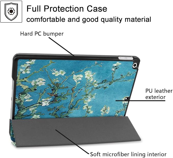 for Apple iPad 10.2 Case 9th/8th/7th Generation Cover (2021/2020/2019) with Auto Wake/Sleep Ultra Thin Lightweight Trifold Stand Folio PU Leather &amp Hard Back Hybrid Cover Almond Blossom